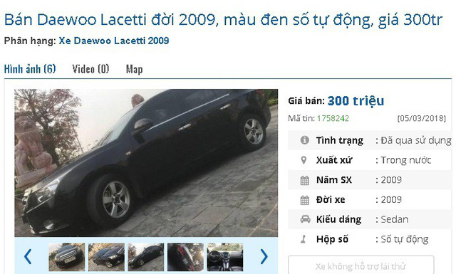
Nếu đang có 300 triệu đồng, bạn có thể tham khảo chiếc Daewoo Lacetti đời 2009, màu đen số tự động này. 
