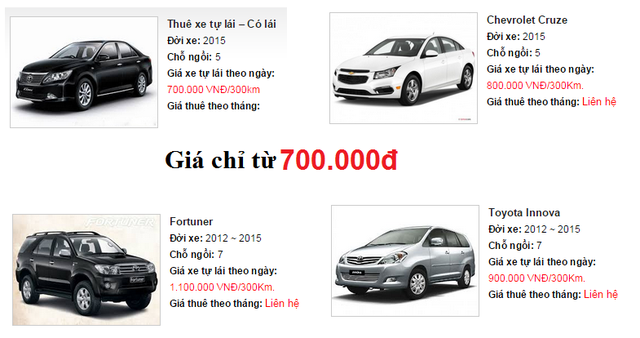 
Giá cho thuê xe tự lái dao động khoảng từ 500.000 đồng đến 1,5 triệu/ngày tùy loại xe.
