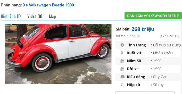 
Một chiếc Volkswagen Beetle khác sản xuất 1990, hai màu đỏ trắng, nhập khẩu đang được rao bán giá 268 triệu đồng. Thông tin về xe là “nguyên bản, máy tốt. Xe từng gắn liền với nhiều nhân vật nổi tiếng, xuất hiện trong nhiều bộ phim của điện ảnh Mỹ, điện ảnh Hồng Kông (Trung Quốc)…như phim: Herbie, the Love Bug, Mad Max...”. 
