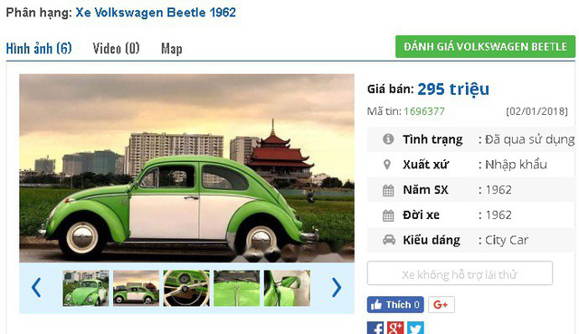 
Chiếc Volkswagen Beetle nhỏ xinh đời 1962, nhập khẩu này hiện đang được rao bán giá 295 triệu đồng trên chợ xe hơi cũ. Theo quảng cáo của người bán thì “xe còn tốt, điều hoà mát lạnh, có loa và các thiết bị chơi nhạc và kết nối với smart phone”.

