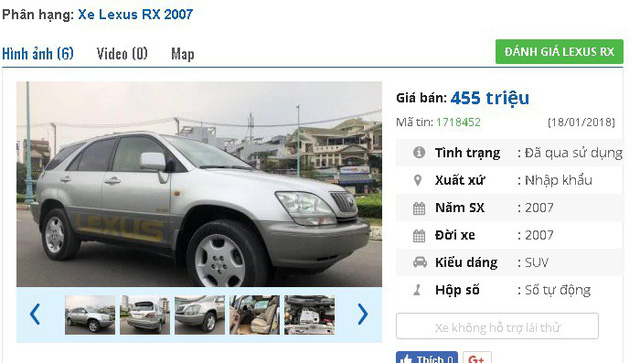 
Chiếc Lexus RX đời 2007, màu bạc, số tự động, nhập khẩu này đang được rao bán giá 455 triệu dồng. Theo người bán thì “xe nhà mua mới, ít đi, ít hao xăng”.
