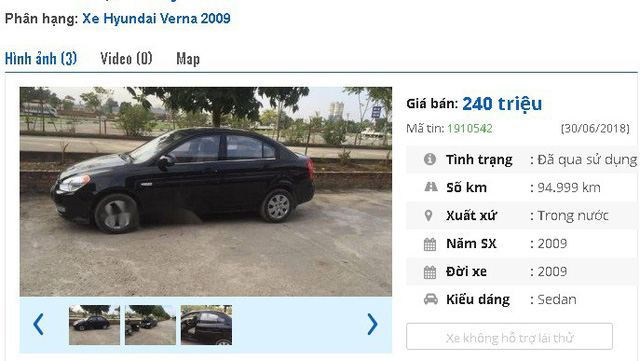 
245 triệu là giá rao bán của chiếc Hyundai Verna đời 2008 này. Theo giới thiệu của chủ nhân, xe “nội thất đầy đủ, GPS, camera, động cơ diesel tiết kiệm tiêu thụ 5l/100km”.
