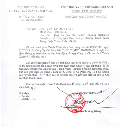 Văn bản của Chi cục Thuế quận Thanh Xuân (Cục Thuế TP Hà Nội) xác nhận Công ty CP Đầu tư F.I.T không nợ thuế nhưng Tổng cục Thuế vẫn bêu tên doanh nghiệp này nợ gần 20 tỉ đồng