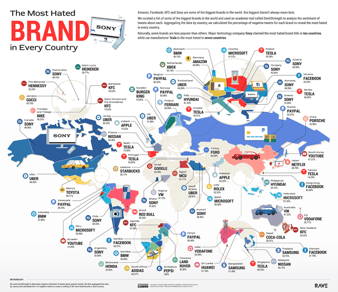 Bản đồ các công ty bị ghét nhất tại các quốc gia (Nhấn vào để xem cỡ lớn. Ảnh: RAVE Reviews).
